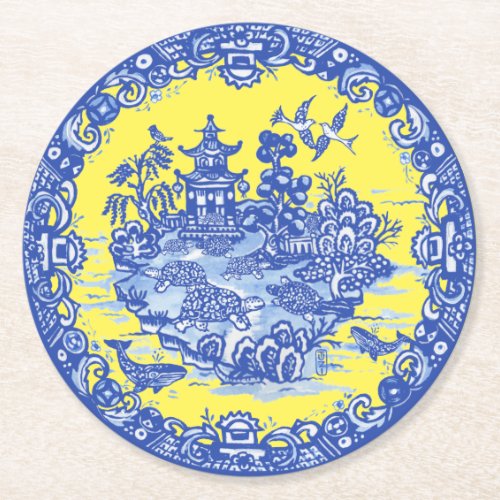 Blue Willow Isle of TurtlesYellow Garden  Round Round Paper Coaster