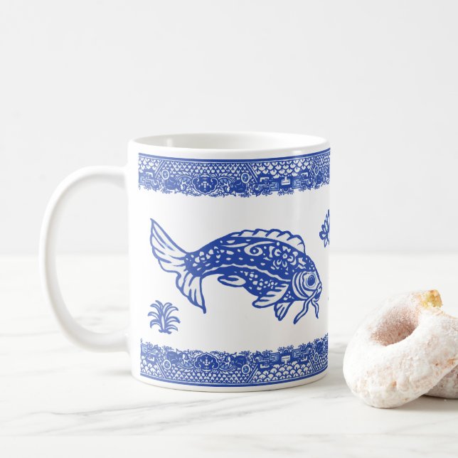 Blue Willow Koi Fish Pattern Unique Whimsical Coffee Mug (With Donut)