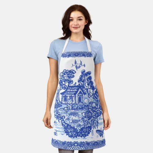 Blue Willow Lucky Cat Island Whimsical Oriental Apron