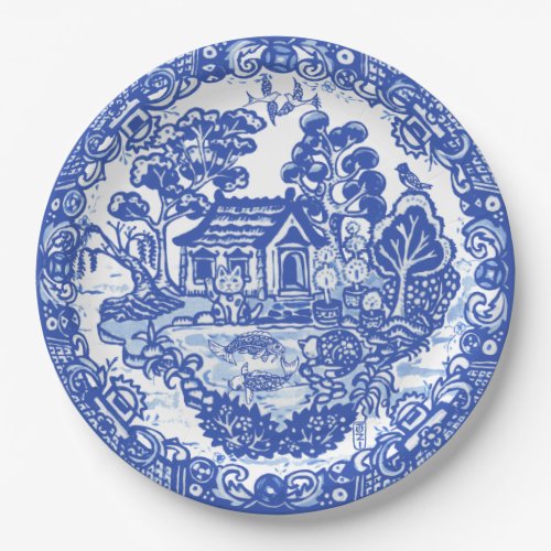 Blue Willow Lucky Cat Koi Bird Asian Temple Garden Paper Plates