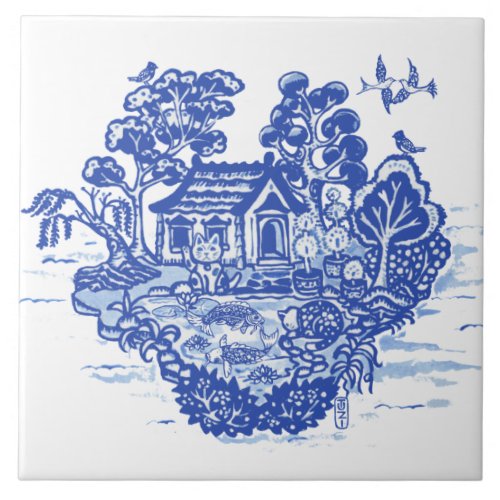 Blue Willow Lucky Cat Koi Pond Antique Fantasy Ceramic Tile