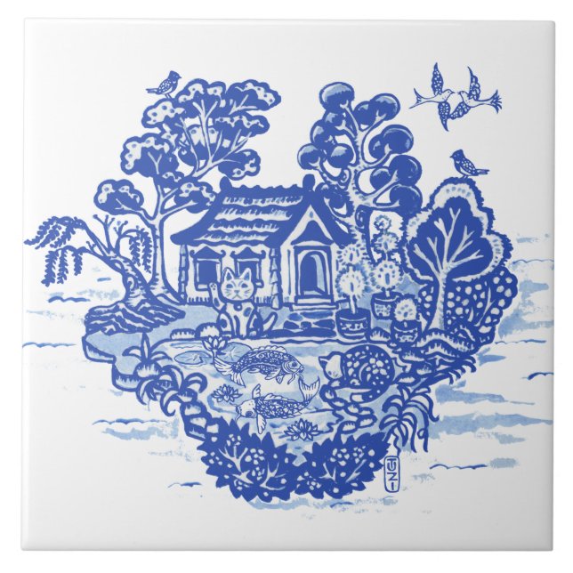 Blue Willow Lucky Cat Koi Pond Antique Fantasy Ceramic Tile (Front)