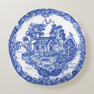 Blue Willow Lucky Cat Koi Pond China Temple Unique Round Pillow