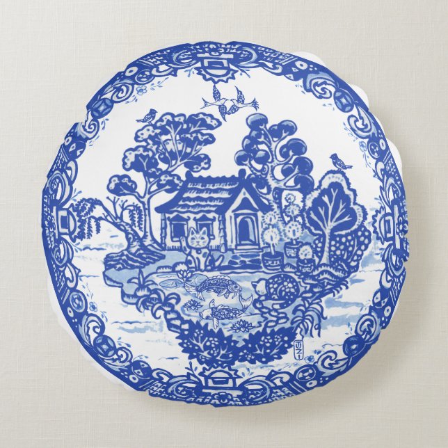 Blue Willow Lucky Cat Koi Pond China Temple Unique Round Pillow (Front)