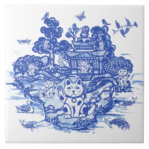 Blue Willow Lucky Cat Whimsical Chinoiserie Art Ceramic Tile