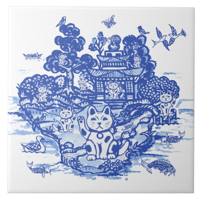 Blue Willow Lucky Cat Whimsical Chinoiserie Art Ceramic Tile (Front)