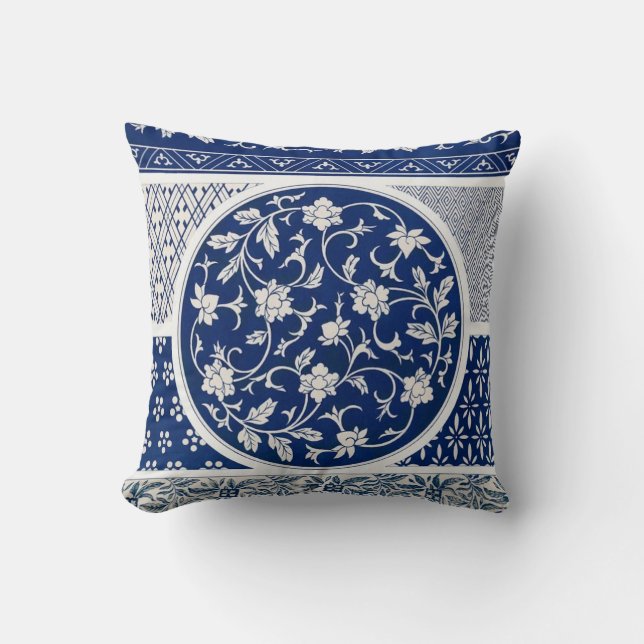  Blue Willow Ming Dynasty China Botanical Throw Pillow (Front)