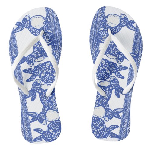 Blue Willow Oriental Rabbit Floral Animal Pattern Flip Flops