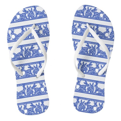 Blue Willow Oriental Rabbit Floral Stripe Pattern Flip Flops