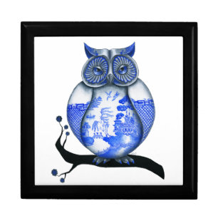 Blue Willow Owl Jewelry Box