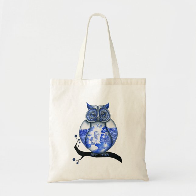 Blue Willow Owl Tote Bag (Front)