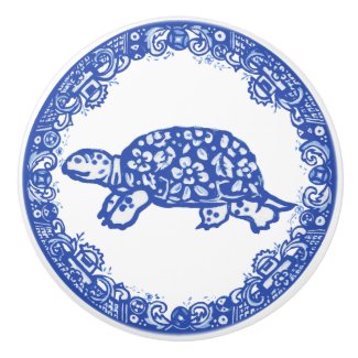 Blue Willow Pattern Turtle Tortoise Cute Face Left Ceramic Knob