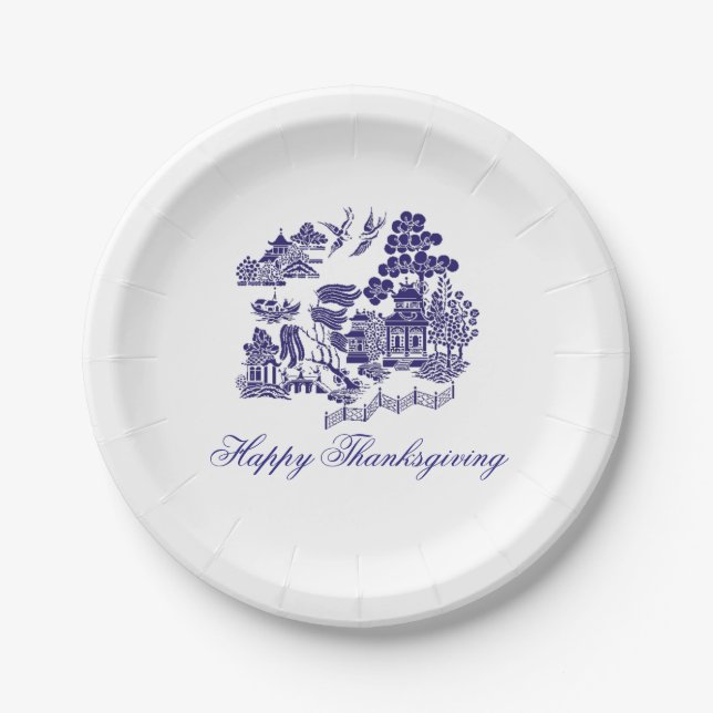 Blue Willow Pattern Your Greeting or Holiday Paper Plates (Front)