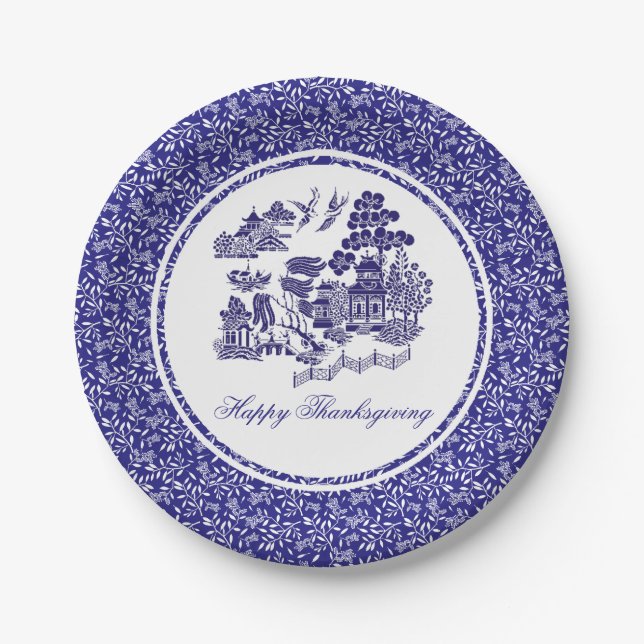 Blue Willow Pattern Your Greeting or Holiday Paper Plates (Front)