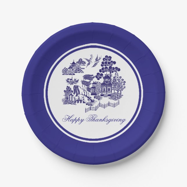 Blue Willow Pattern Your Greeting or Holiday Paper Plates (Front)