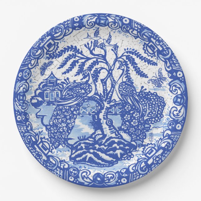 Blue Willow Peacock Island Asian Temple Crackle  Paper Plates (Front)