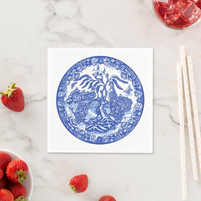 Blue Willow Peacock Island Asian Temple Garden Art Napkins (Insitu)