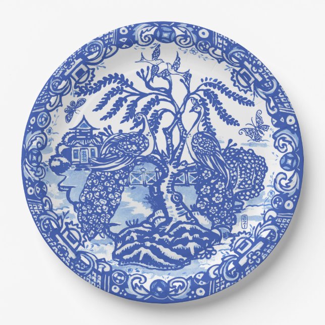 Blue Willow Peacock Island Asian Temple Garden Art Paper Plates (Front)