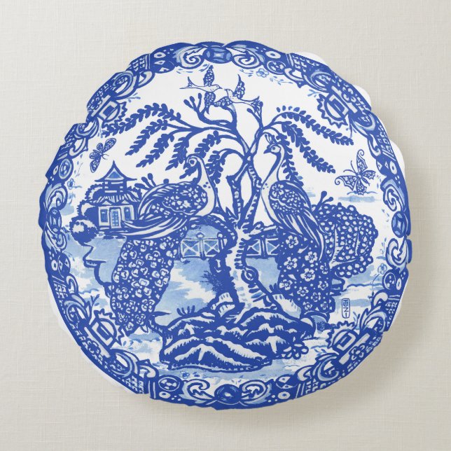 Blue Willow Peacock Island Asian Temple Garden Art Round Pillow (Front)