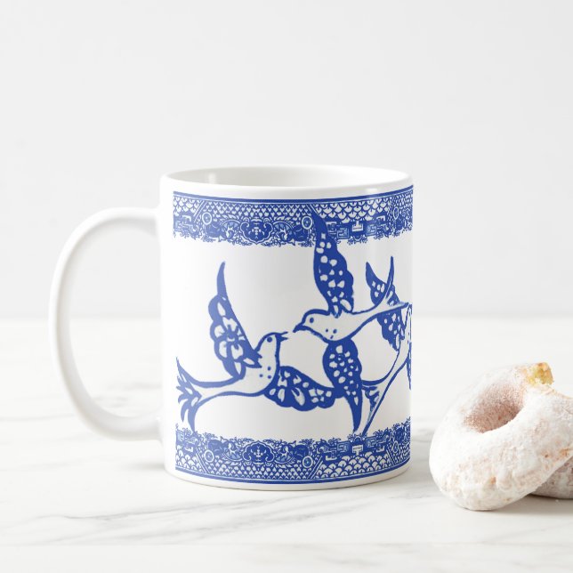 Blue Willow Phoenix Bird Blue & White Chinoiserie Coffee Mug (With Donut)