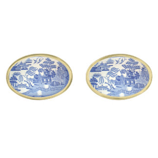 Blue Willow Platters in Oval Gold Cuff Links