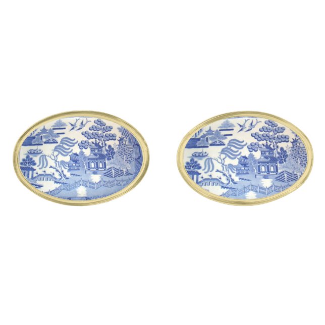 Blue Willow Platters in Oval Gold Cuff Links (Front)