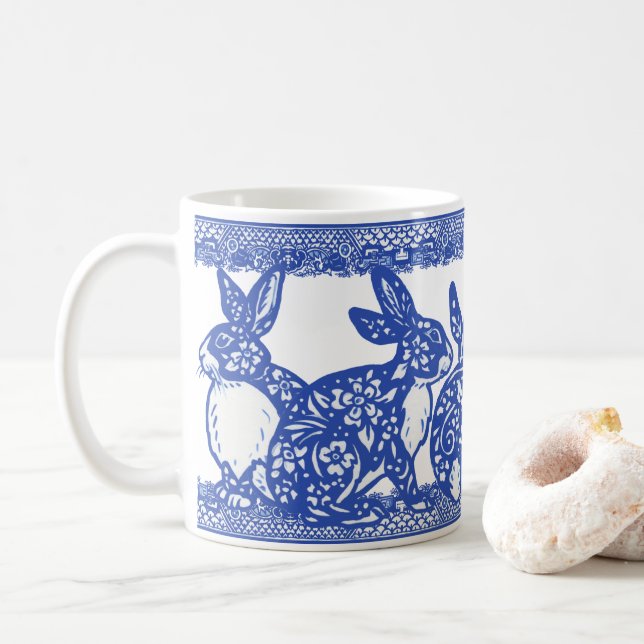 Blue Willow Rabbit Bunny Large Pattern Whimsical Coffee Mug (With Donut)