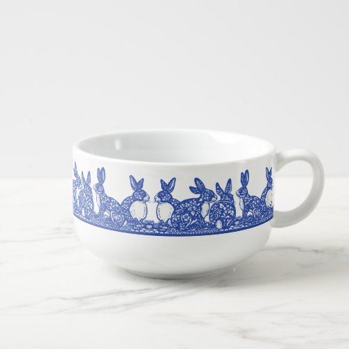 Blue Willow Rabbit Chinoiserie Floral Whimsical Soup Mug