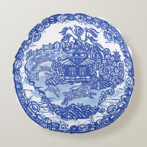 Blue Willow Rabbit Classic Asian Vintage Art Round Pillow