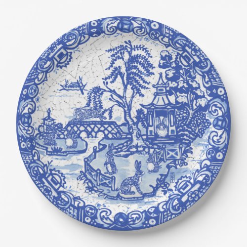 Blue Willow Rabbit Classic Whimsical Crackle Look Paper Plates