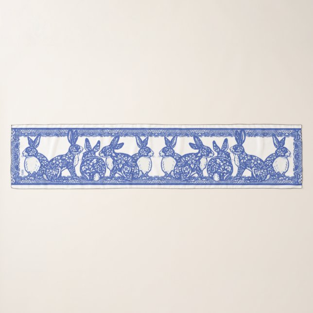 Blue Willow Rabbit Floral Chinoiserie Bunny Design Scarf (Front (Horizontal))