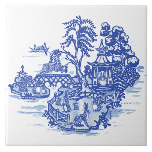 Blue Willow  Rabbit Island Antique Fantasy Art Ceramic Tile