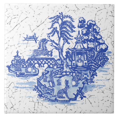 Blue Willow  Rabbit Island Antique Fantasy Art Ceramic Tile
