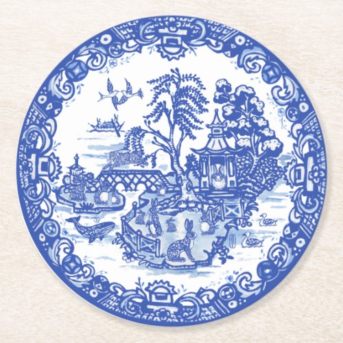 Blue Willow Rabbit Island Antique Fantasy Art Round Paper Coaster