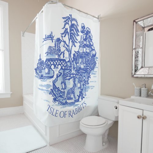 Blue Willow Rabbit Island Whimsical Chinoiserie  Shower Curtain