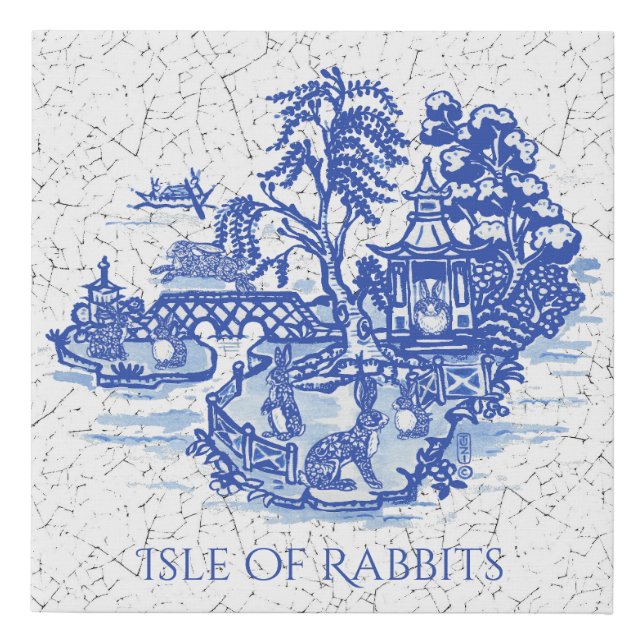 Blue Willow Rabbit Island Whimsical Classic Art Faux Canvas Print (Front)