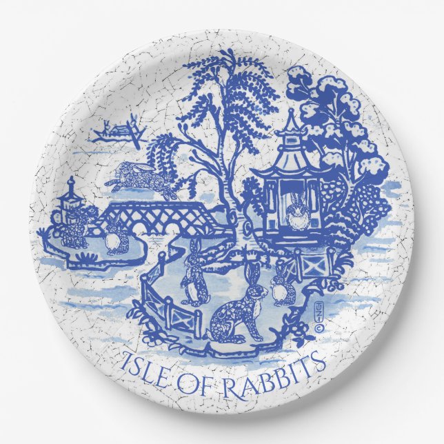 Blue Willow Rabbit Island Whimsical Classic Art Paper Plates (Front)