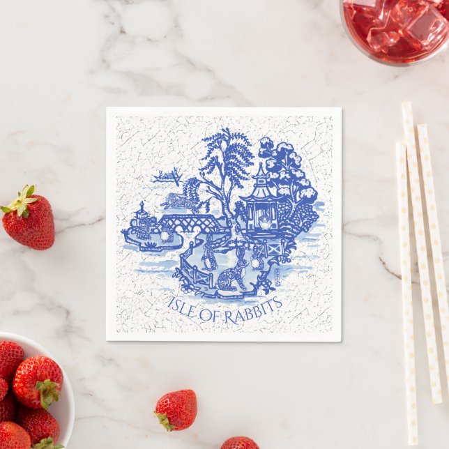 Blue Willow Rabbit Island Whimsical Crackle Look Napkins (Insitu)