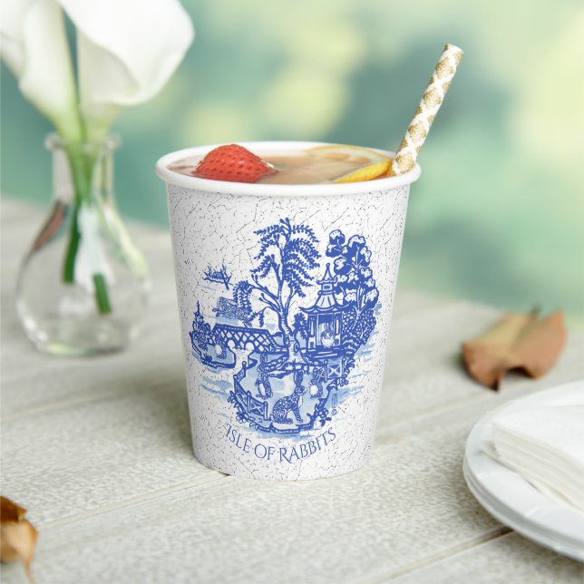 Blue Willow Rabbit Island Whimsical Crackle Look Paper Cups (Insitu)