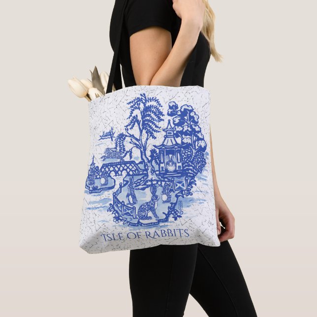 Blue Willow Rabbit Island Whimsical Elegant Fun Tote Bag (Close Up)