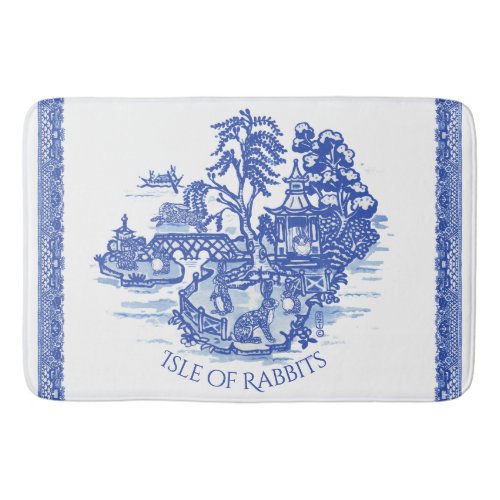 Blue Willow Rabbit Island Whimsical Pottery Look Bath Mat