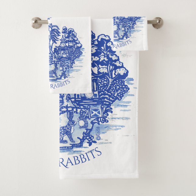 Blue Willow Rabbit Island Whimsical Pottery Look Bath Towel Set (Insitu)