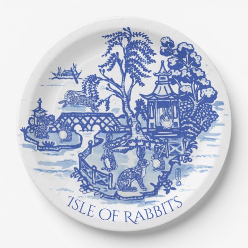 Blue Willow Rabbit Island Whimsical Pottery Look Paper Plates