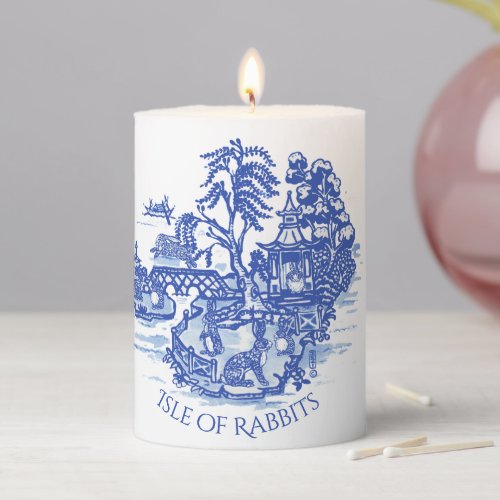 Blue Willow Rabbit Island Whimsical Pottery Look Pillar Candle