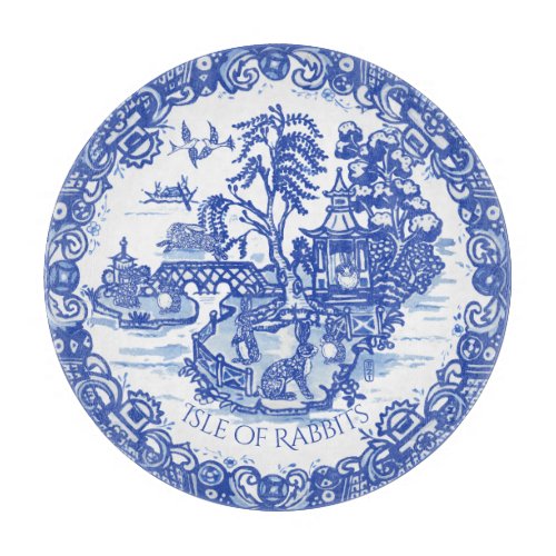 Blue Willow Rabbit Island White Whimsical Toile Cutting Board