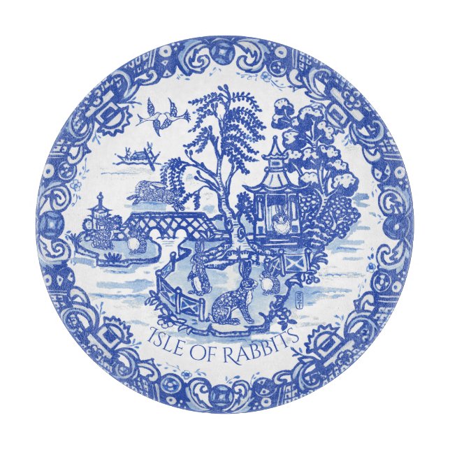 Blue Willow Rabbit Island White Whimsical Toile Cutting Board (Front)