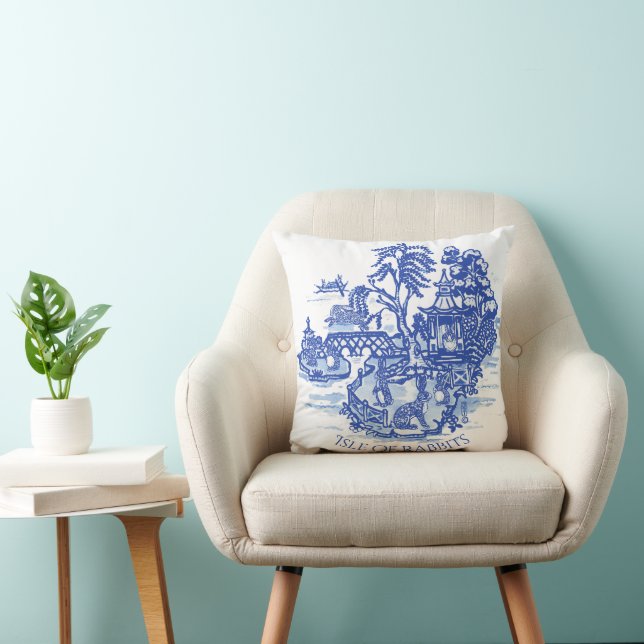 Blue Willow Rabbit Island White Whimsical Toile Throw Pillow (Chair)