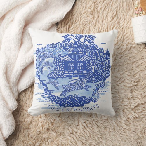 Blue Willow Rabbit Island White Whimsical Toile Throw Pillow