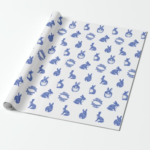 Blue Willow Rabbit Whimsical Isle of Rabbits  Tiss Wrapping Paper