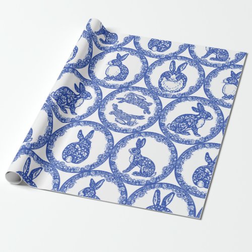 Blue Willow Rabbit Whimsical Isle of Rabbits Wrapping Paper